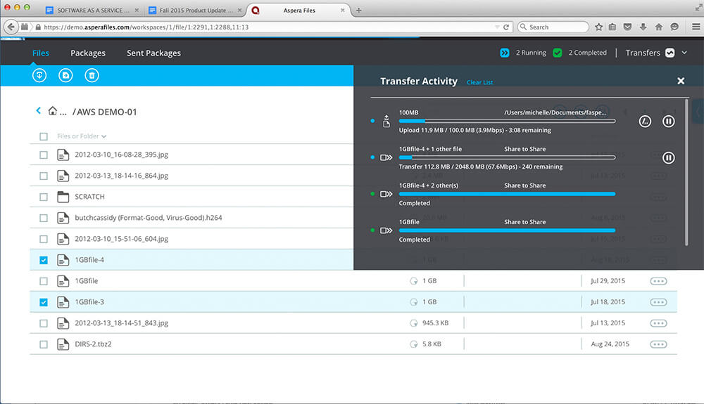 Screenshot of transfers in-progress in Aspera.
