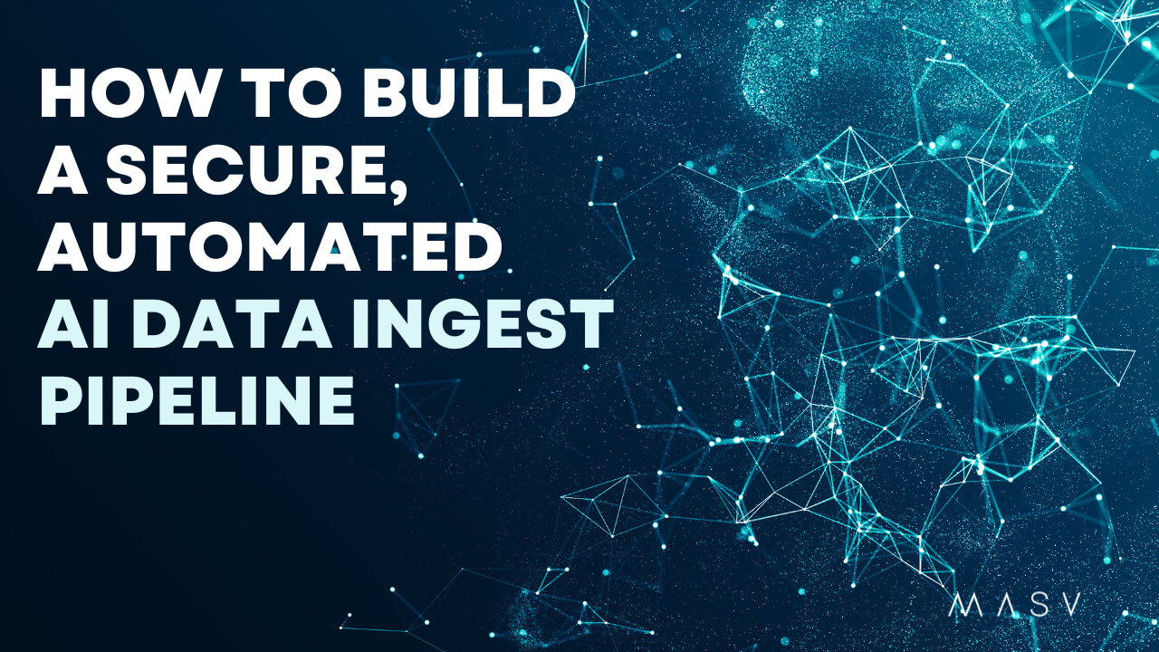 Automated secure AI data ingest pipeline graphic for model training workflow. Data network visualization.