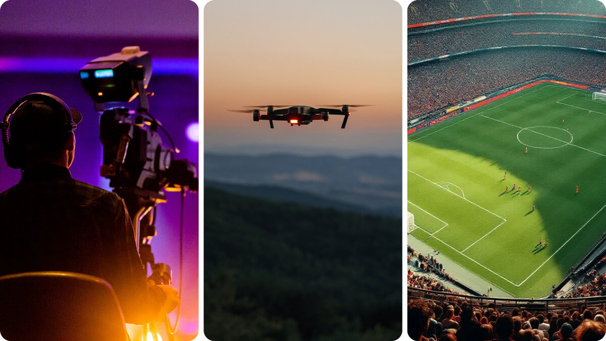 Built for industries: Film crew with camera, drone over mountains, and a soccer stadium with fans.