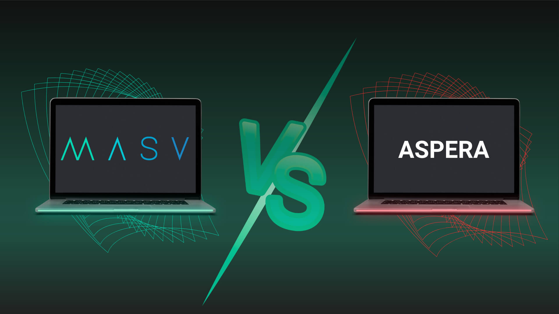 MASV versus Aspera: alternative blog comparison featuring two laptops with software logos.