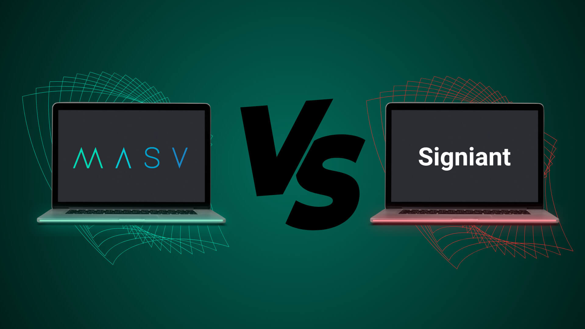 MASV vs Signiant: Alternative blog comparison. Two laptops contrasting MASV and Signiant on a green background.