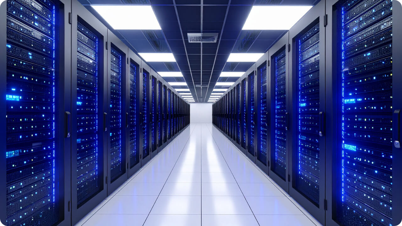 Managed File Transfer (MFT) server room with rows of data storage racks and blue lights indicating activity. Data security.