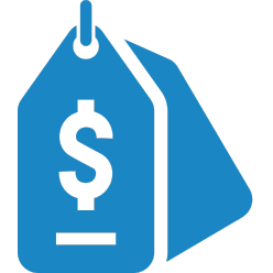 Blue price tag icon with a dollar sign. Flexible pricing illustration.