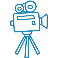 Blue outline of a vintage film camera on a tripod. Film production, on-set equipment.