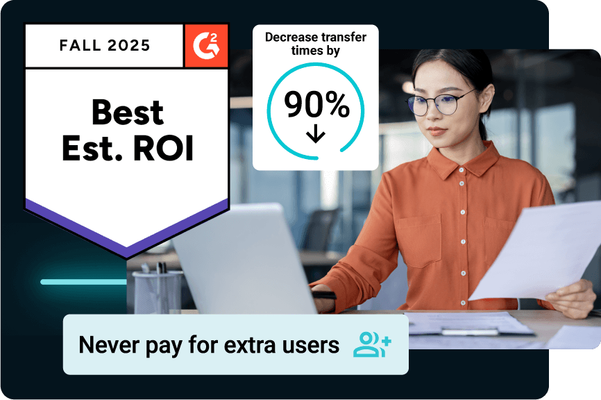 Maximize file transfer ROI. Woman working, G2 Best ROI award, 90% faster transfers, no extra user fees.