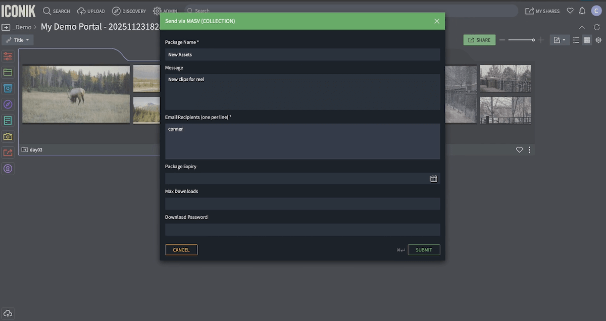 Send from iconik with MASV: Streamline file sharing. Dynamic package routing, S3 access, and more.